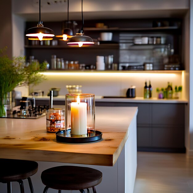 Photo single candle on breakfast bar in contemporary kitchen with high stools