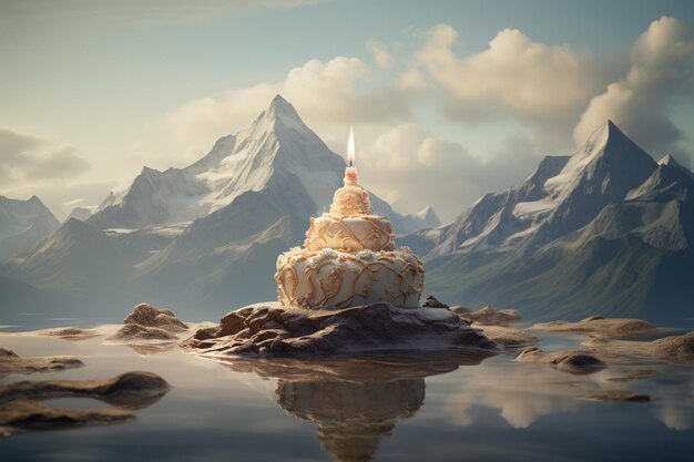 a single candle on a cake with a mountain in the background high quality