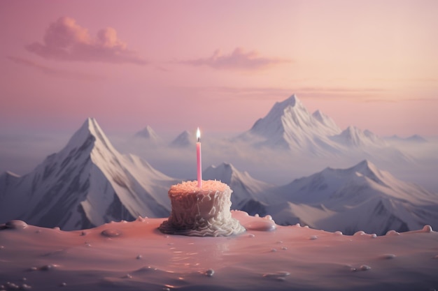 a single candle on a cake with a mountain in the background high quality