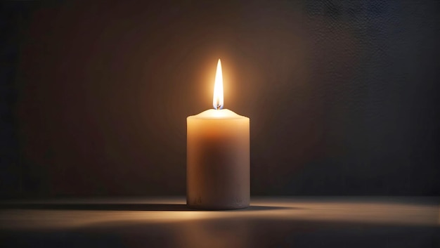 A single candle flame flickering in a darkened room casting soft shadows on textured walls