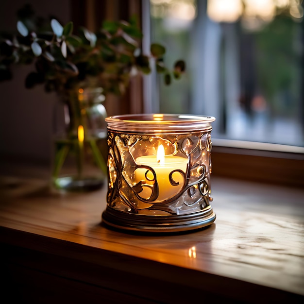 Photo single candle inside decorative glass holder on wooden nightstand