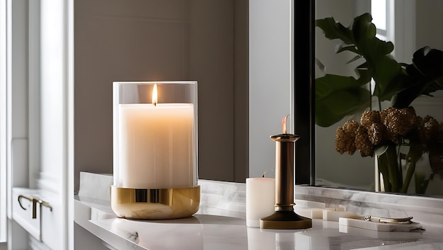 Photo single candle on marble vanity in sophisticated bathroom with elegant fixtures