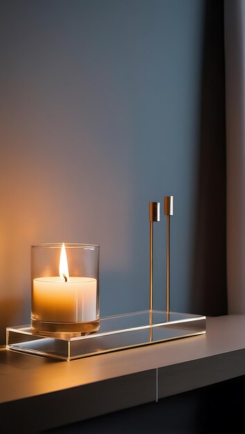 Photo single candle on modern glass shelf in minimalist bedroom