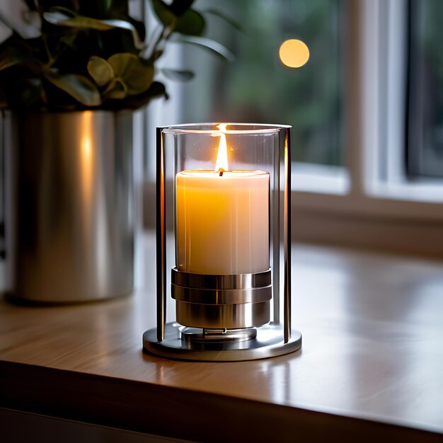 Single Candle in Sleek Metal Holder on Glass Topped Nightstand