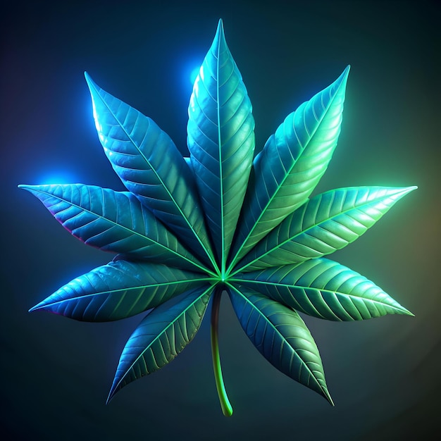 Photo a single cannabis leaf with its veins clearly visible illuminated in neon blue and green lights against a dark background