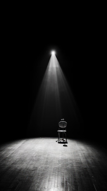 A single chair illuminated by a spotlight on a dark stage