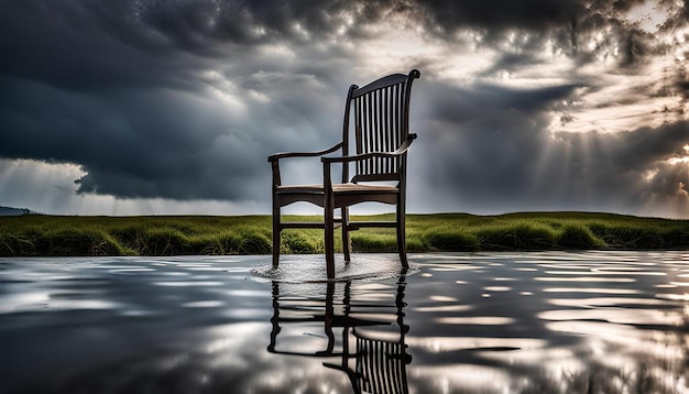 Photo single chair reflecting on a water surface on a stormy day