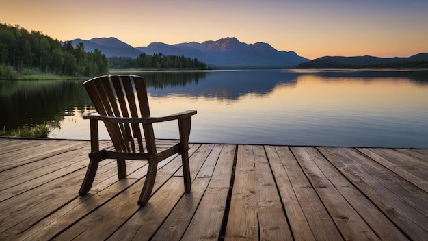 Single chair on a wooden deck overlooking a calm lake at sunset with mountains in the background