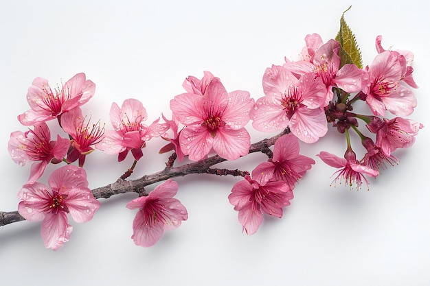 A single cherry blossom branch with pink flowers against white background high resolution photograp