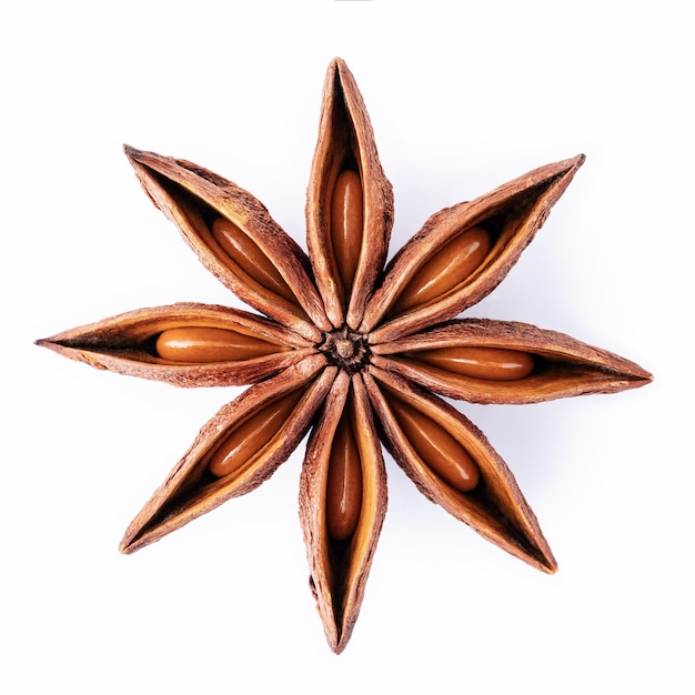 Single Chinese star anise isolated on white background.