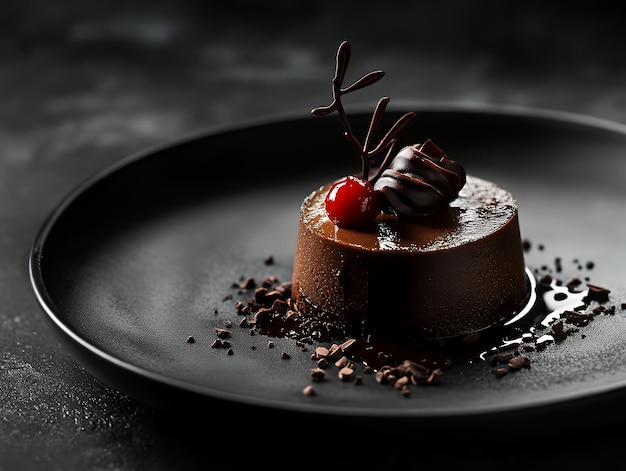 Photo a single chocolate dessert on a black plate garnished with chocolate shavings a cherry and chocolate twig