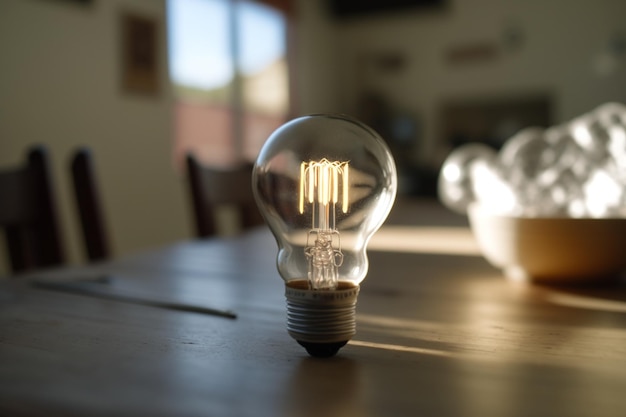 A Single Clear Light Bulb on a Table Minimalistic Bright Illumination Concept Creativity