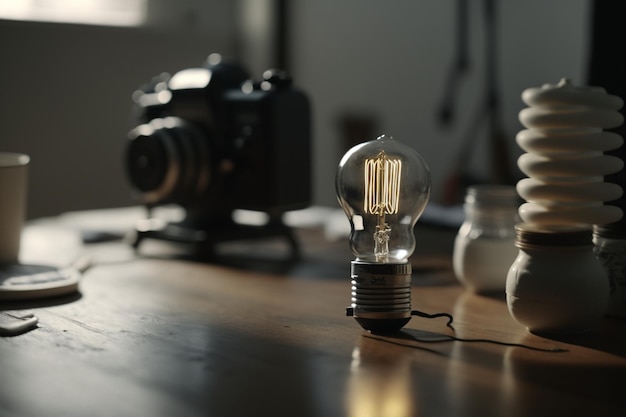 A Single Clear Light Bulb on a Table Minimalistic Bright Illumination Concept Creativity