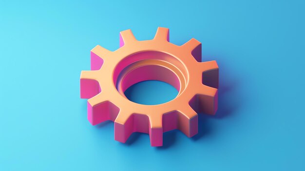 A single colorful gear in a 3D rendering against a blue background