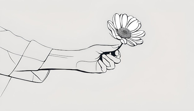 Photo single continous line art of hand holding a flower