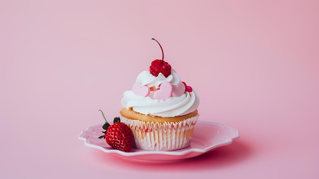 A single cupcake topped with whipped cream pink hearts and a cherry on a pink plate