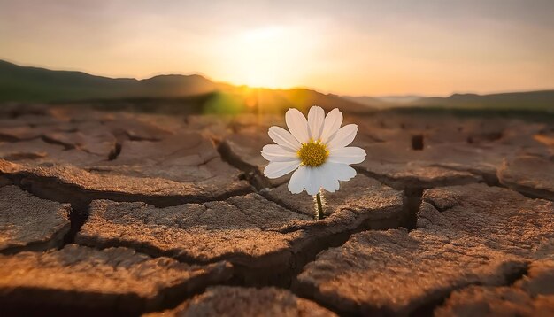 a single daisy is standing in a cracked cracked earth