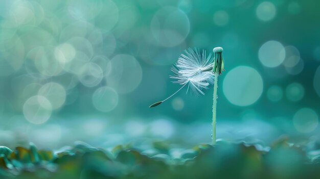 Photo a single dandelion seed floating away on a green and blue bokeh background