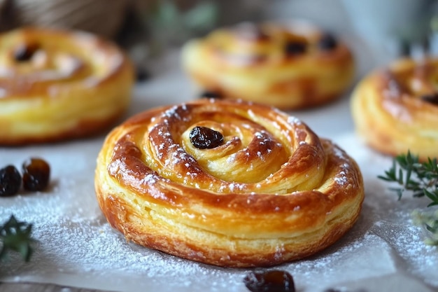 A single danish pastry featuring a swirl of golden dough and sweet raisins