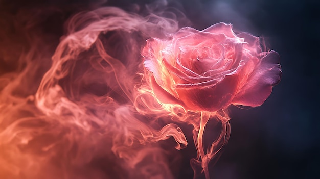 Photo a single delicate pink rose appears to be made of smoke against a dark background