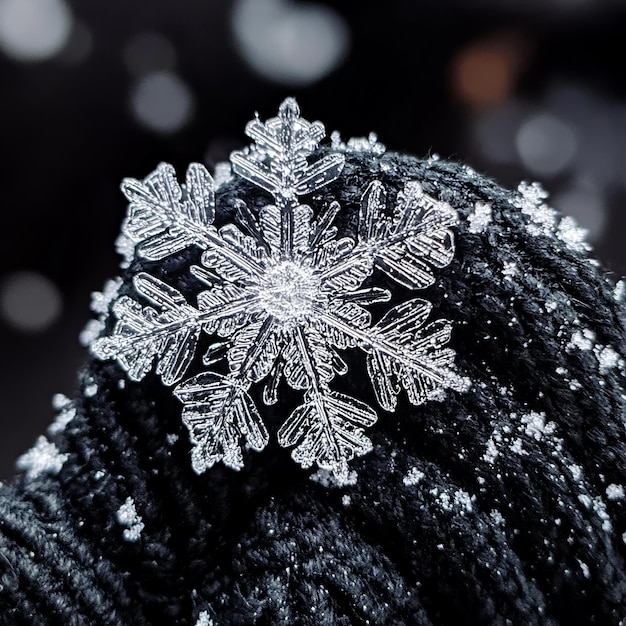 Photo a single delicate snowflake resting on a black surface