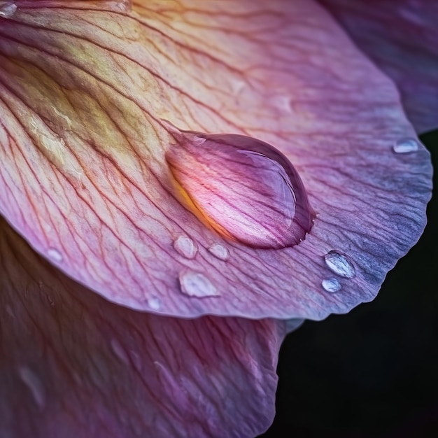 Photo a single dewdrop sits atop a pink petal showcasing intricate veins and a soft ethereal glow