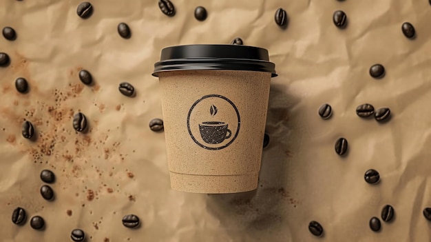 A single disposable coffee cup sits on a background of brown paper with coffee beans scattered around it