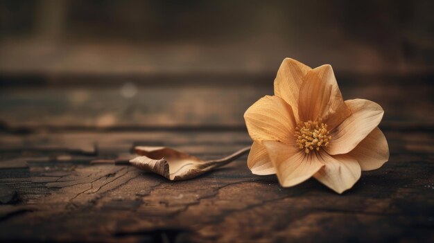 Photo a single dried flower in warm tones rests on a timeworn wooden surface capturing a serene nostalgic moment