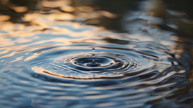 A single droplet creates ripples on a calm water surface reflecting the warm glow of a sunset