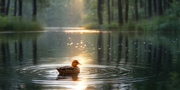 Photo a single duck swimming in a forest pond at sunset