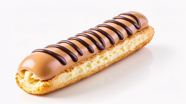 Photo a single eclair with a chocolate glaze and cream filling isolated on a white background