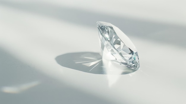 A single elegantly cut diamond on a white surface illuminated by natural light showcasing its facets and brilliance