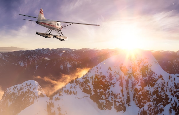 Single Engine Seaplane Flying over the Rocky Mountain Landscape