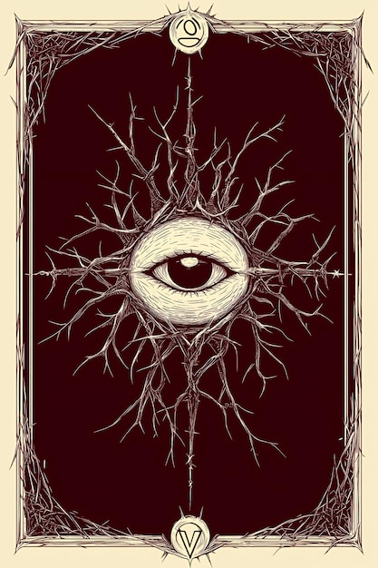 A single eye is surrounded by an intricate network of branches framed by a bordered background and symbols at the top and bottom