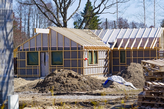 Single Family Home Construction Interior frame of new wooden house under construction