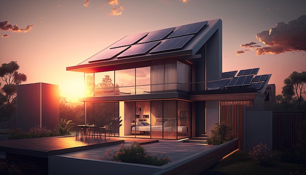 Single family house with solar panels on the roof at sunset or sunrise Sustainability concept Generative AI