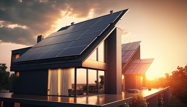 Single family house with solar panels on the roof at sunset or sunrise Sustainability concept Generative AI