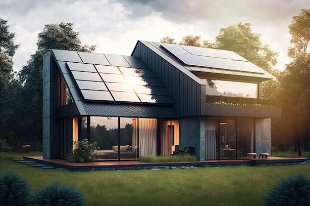 Single family house with solar panels on the roof at sunset or sunrise Sustainability concept Generative AI