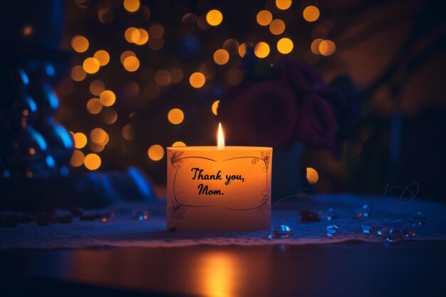 A single flickering candle illuminates a handwritten card with the words Thank you Mom