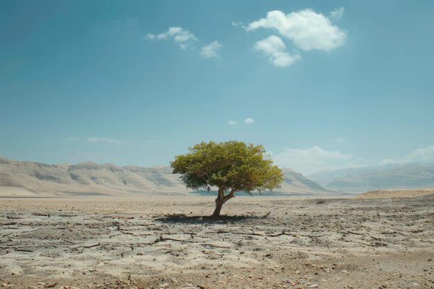 Photo single flourishing tree in sparse field generative ai