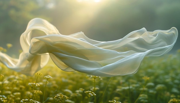 a single flowing Martisor ribbon caught in a gentle spring breeze