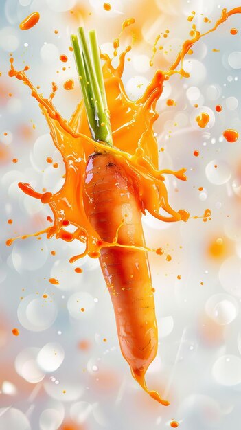 A single fresh carrot floating in mid air with carrot splash juice