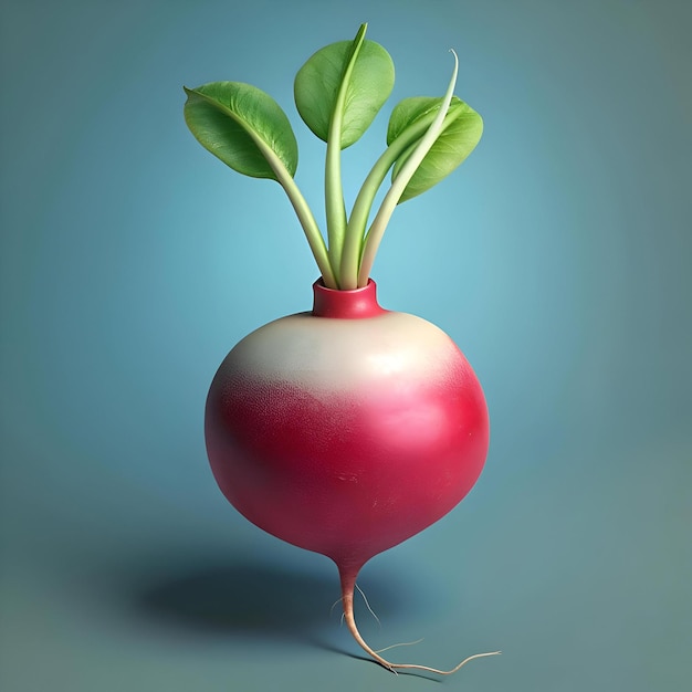 A single fresh radish with vibrant green leaves stands out against a soft blue background