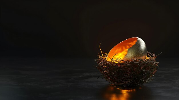 A single glowing egg cracks open in a nest on a dark background