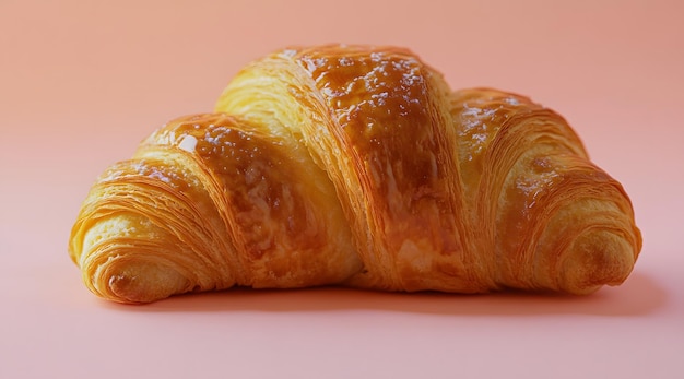 A Single Golden Brown Croissant on a Light Pink Background