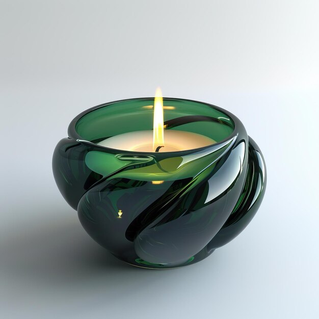 Photo a single green candle is burning in a green glass bowl