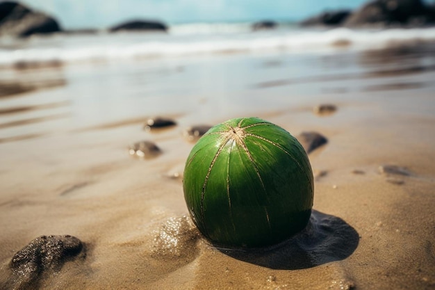 Single green coconut on wet sand