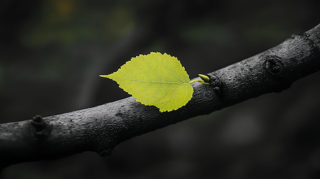 Photo a single green leaf on a dark branch