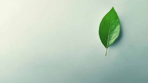 Photo single green leaf on light blue background