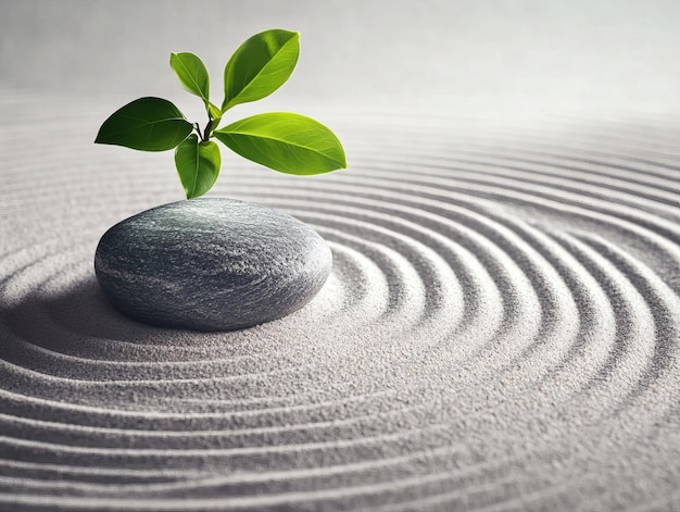 Photo a single green plant grows from a stone in a rippled sand background